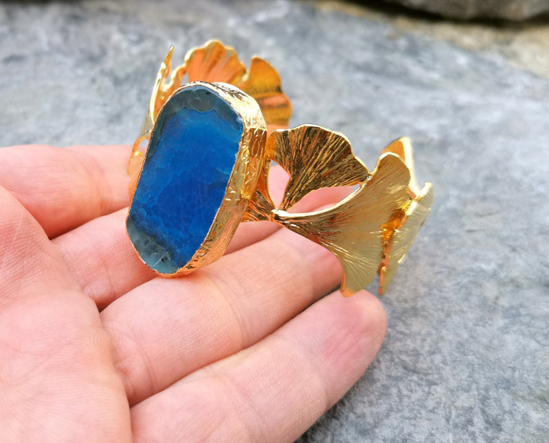 Bracelet with Blue Agate Gemstone Gold Plated Brass Adjustable SR186