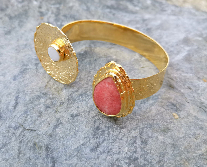 Bracelet with Pink Agate Gemstone and Real Pearl Gold Plated Brass Adjustable SR187