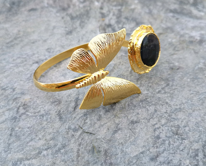 Butterfly Bracelet with Black Gemstone Gold Plated Brass Adjustable SR193
