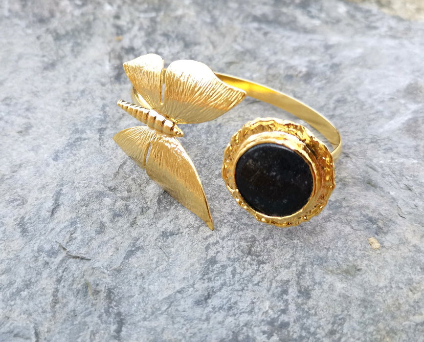 Butterfly Bracelet with Black Gemstone Gold Plated Brass Adjustable SR193