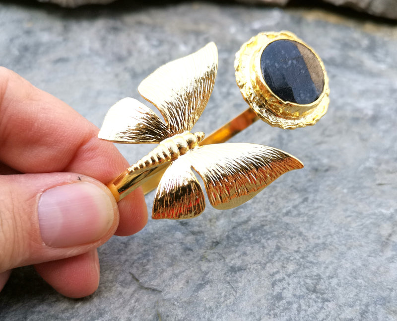 Butterfly Bracelet with Black Gemstone Gold Plated Brass Adjustable SR193