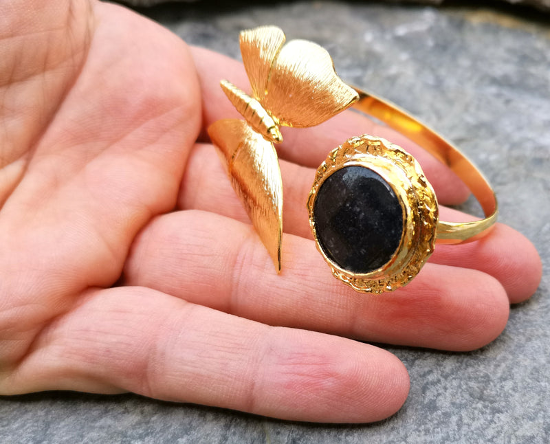 Butterfly Bracelet with Black Gemstone Gold Plated Brass Adjustable SR193