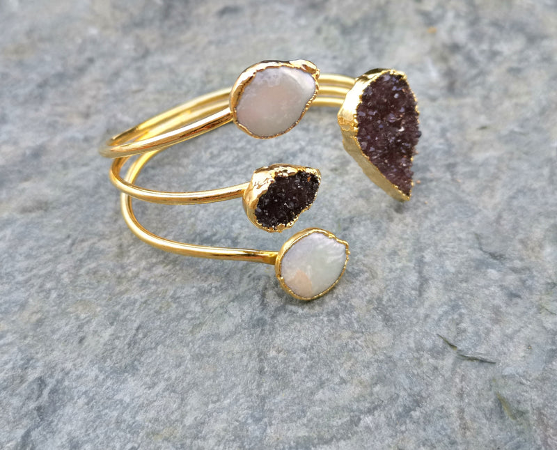 Bracelet with Purple Amethyst and Real Pearls Gold Plated Brass Adjustable SR196