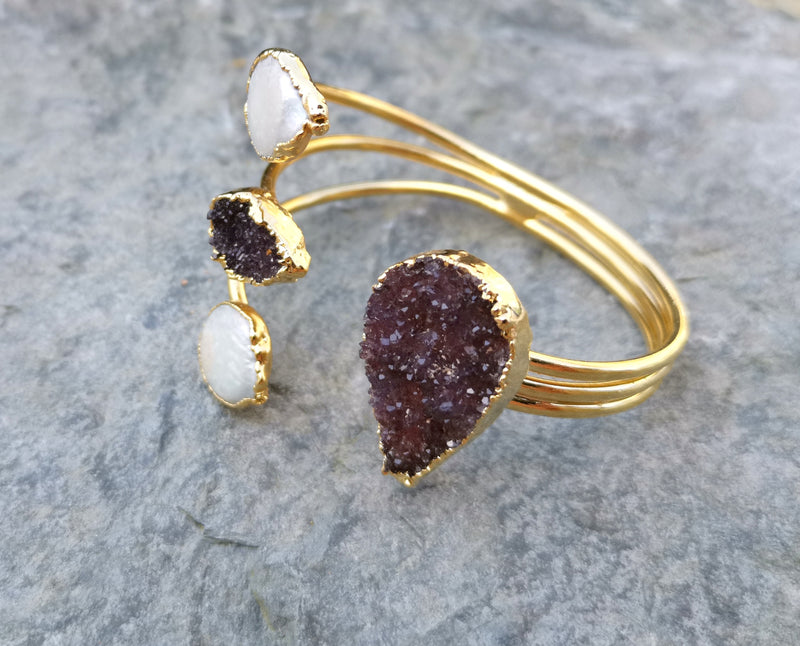 Bracelet with Purple Amethyst and Real Pearls Gold Plated Brass Adjustable SR196