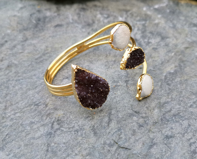 Bracelet with Purple Amethyst and Real Pearls Gold Plated Brass Adjustable SR196