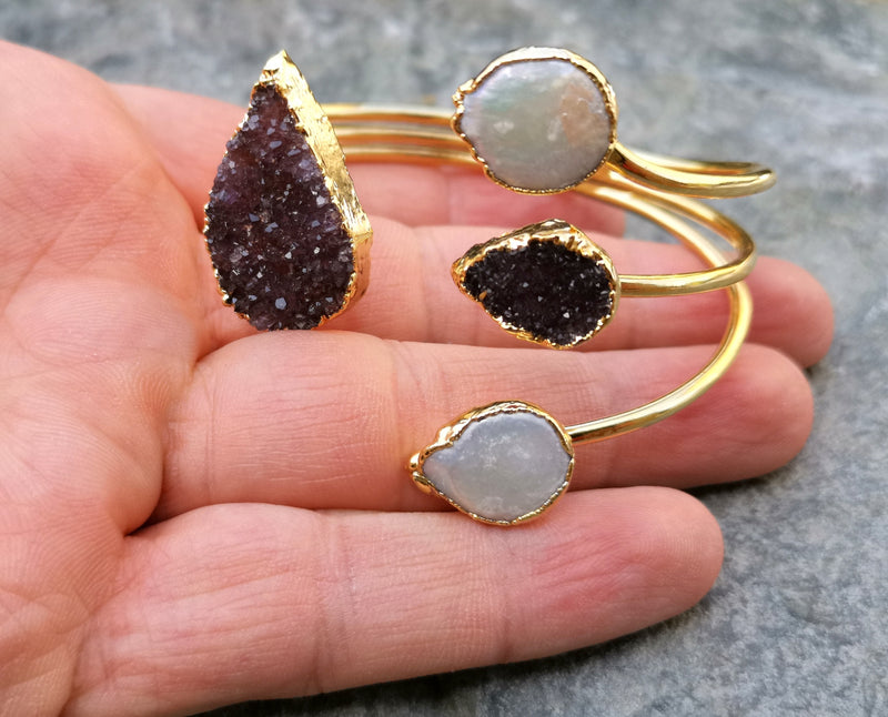 Bracelet with Purple Amethyst and Real Pearls Gold Plated Brass Adjustable SR196