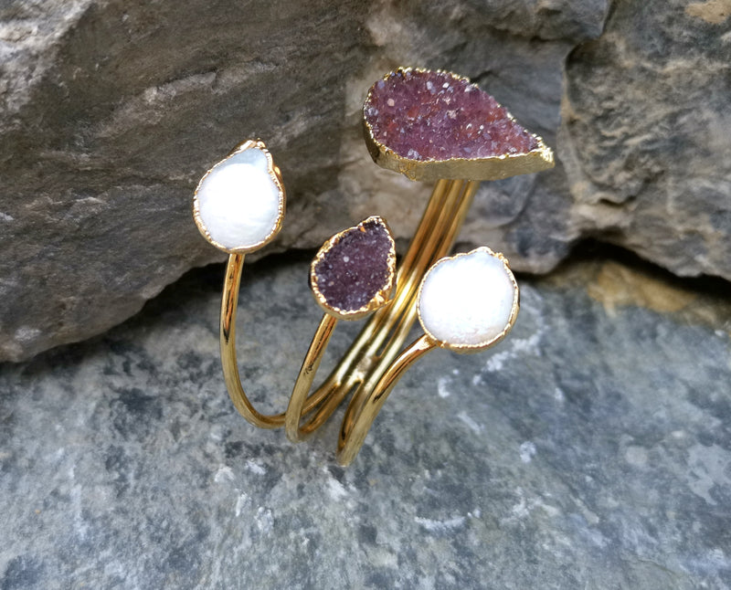 Bracelet with Purple Amethyst and Real Pearls Gold Plated Brass Adjustable SR196