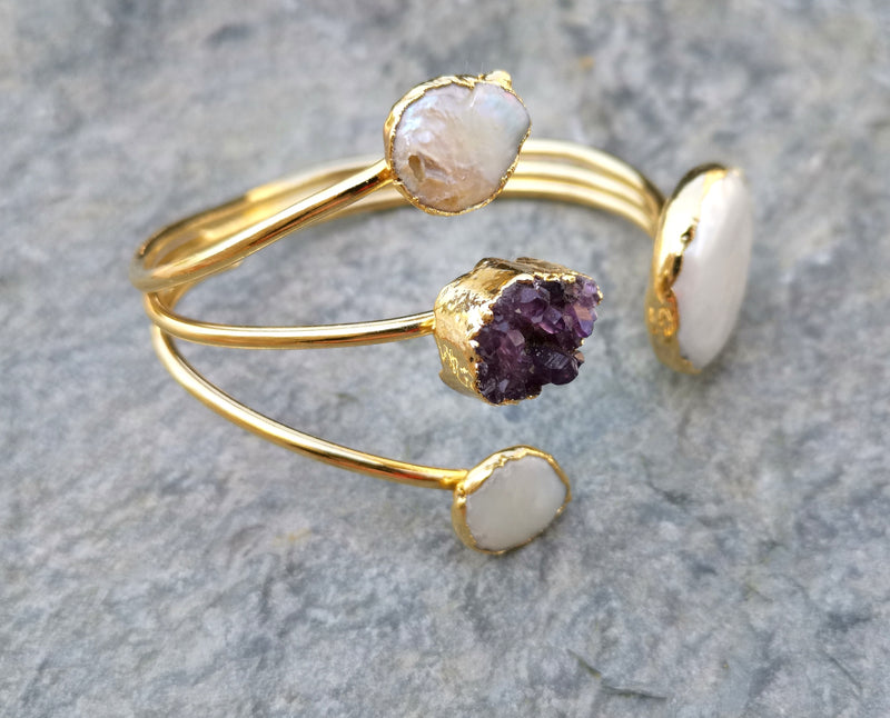 Bracelet with Purple Amethyst and Real Pearls Gold Plated Brass Adjustable SR197