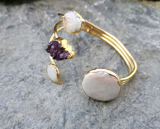 Bracelet with Purple Amethyst and Real Pearls Gold Plated Brass Adjustable SR197