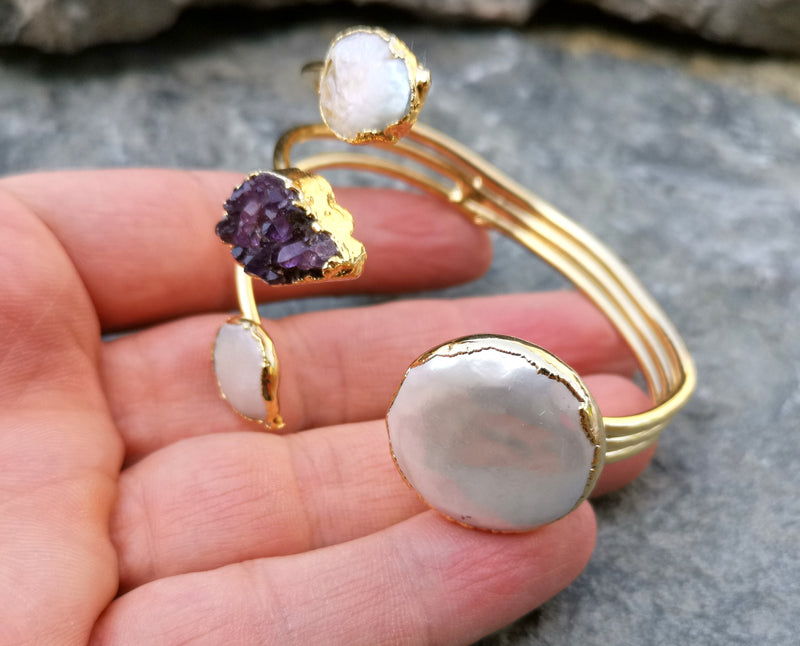 Bracelet with Purple Amethyst and Real Pearls Gold Plated Brass Adjustable SR197