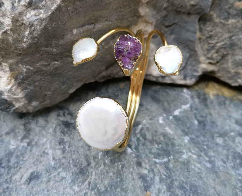 Bracelet with Purple Amethyst and Real Pearls Gold Plated Brass Adjustable SR197