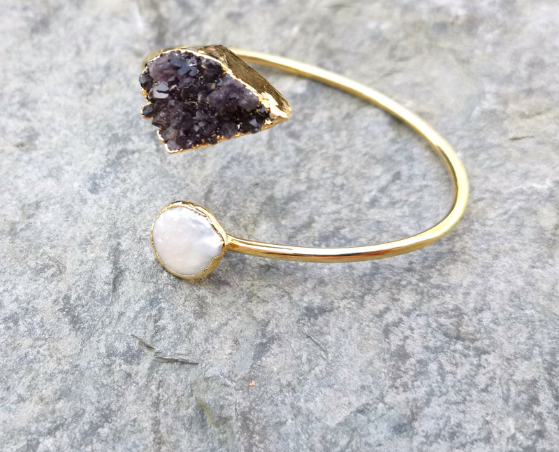 Bracelet with Purple Amethyst and Real Pearl Gold Plated Brass Adjustable SR200