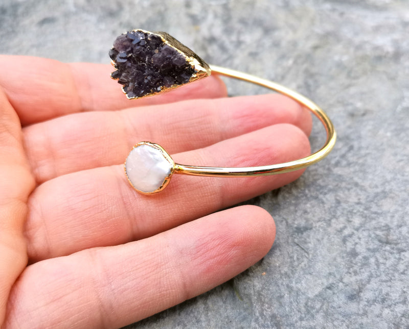 Bracelet with Purple Amethyst and Real Pearl Gold Plated Brass Adjustable SR200