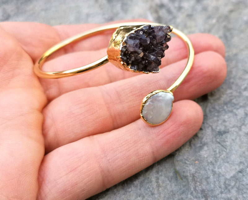 Bracelet with Purple Amethyst and Real Pearl Gold Plated Brass Adjustable SR200