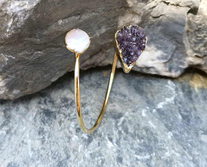 Bracelet with Purple Amethyst and Real Pearl Gold Plated Brass Adjustable SR200