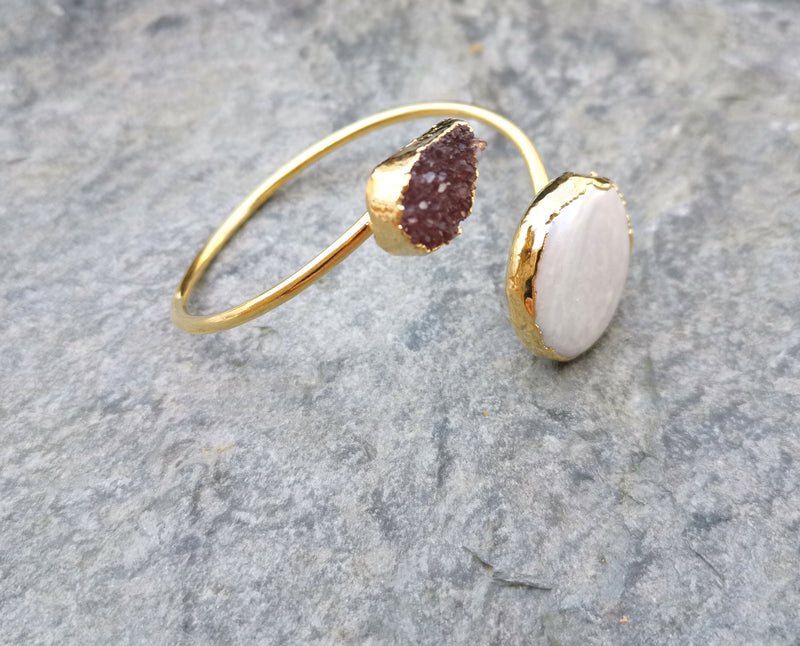 Bracelet with Purple Amethyst and Real Pearl Gold Plated Brass Adjustable SR201