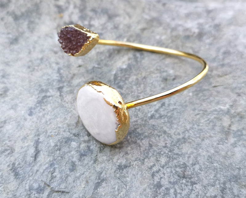 Bracelet with Purple Amethyst and Real Pearl Gold Plated Brass Adjustable SR201