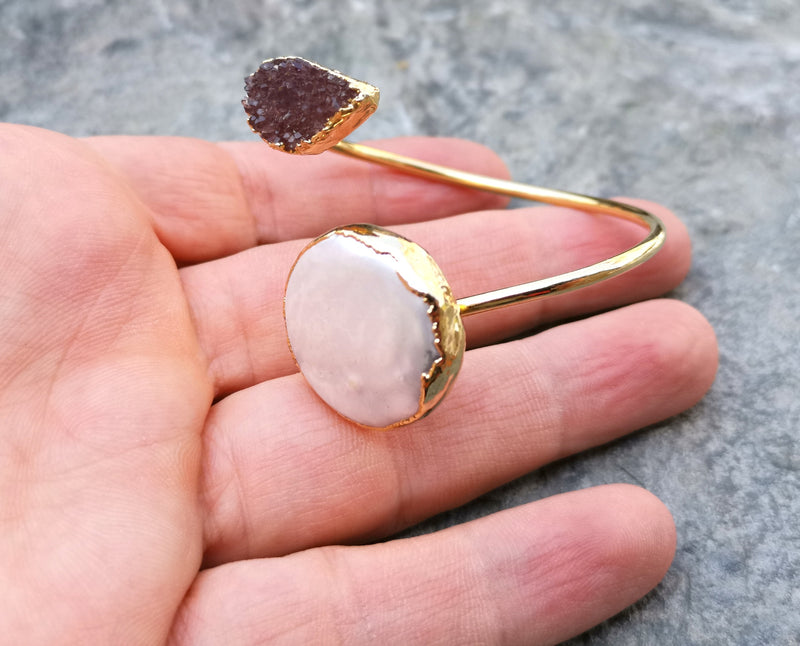 Bracelet with Purple Amethyst and Real Pearl Gold Plated Brass Adjustable SR201