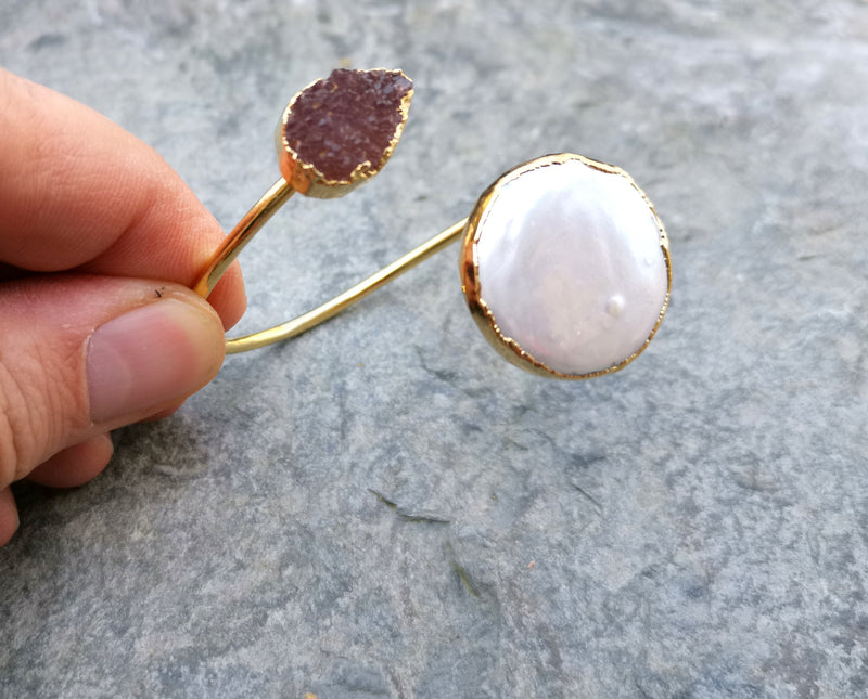 Bracelet with Purple Amethyst and Real Pearl Gold Plated Brass Adjustable SR201