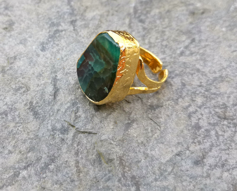 Ring with Green Agate Gemstone Gold Plated Brass Adjustable SR206