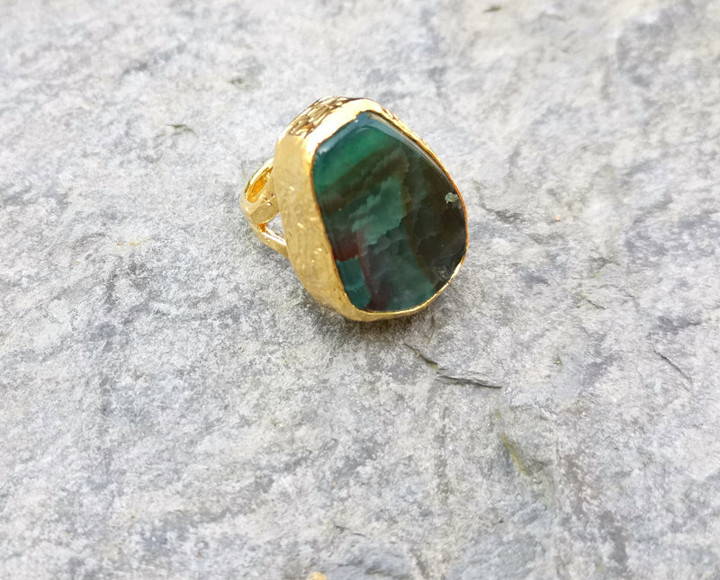 Ring with Green Agate Gemstone Gold Plated Brass Adjustable SR206