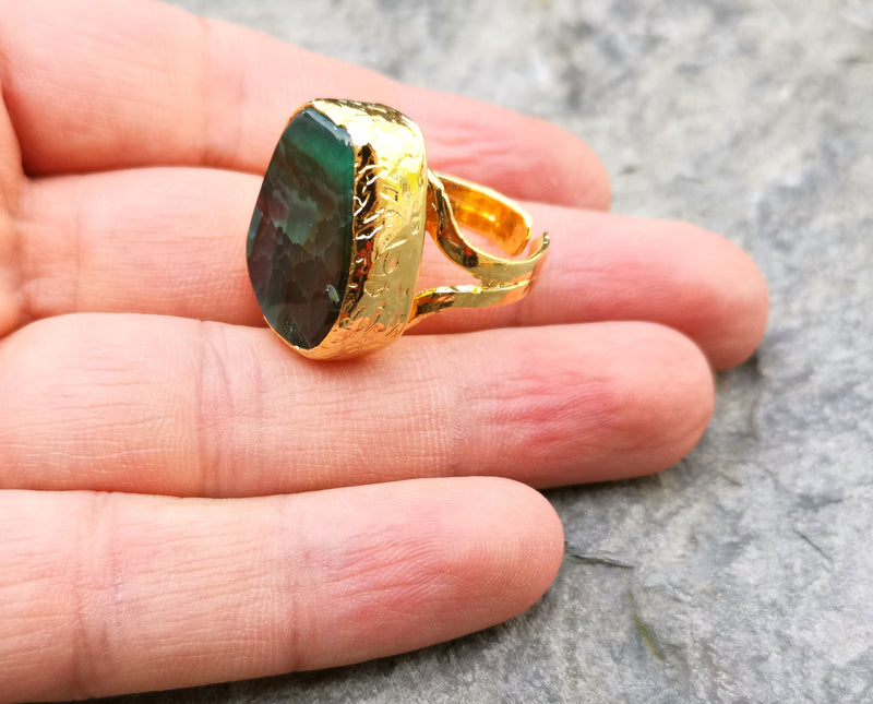 Ring with Green Agate Gemstone Gold Plated Brass Adjustable SR206