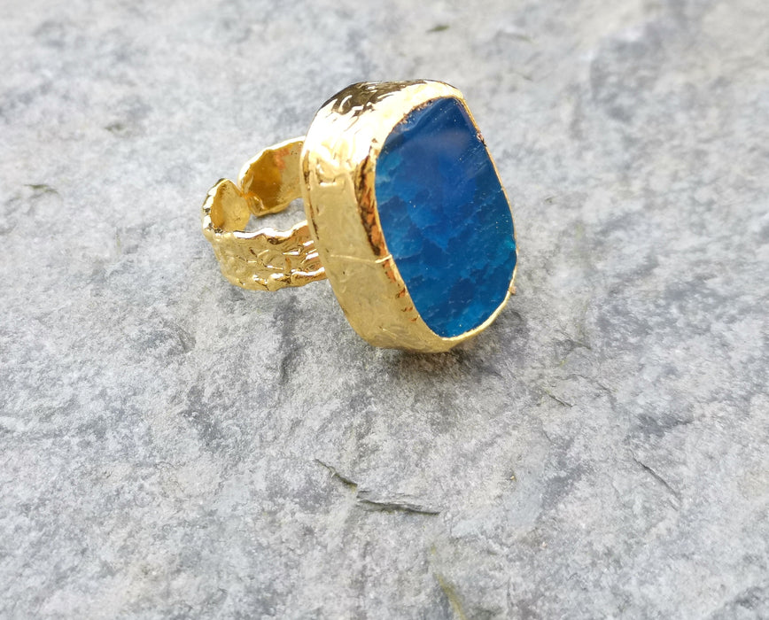 Ring with Blue Agate Gemstone Gold Plated Brass Adjustable SR207