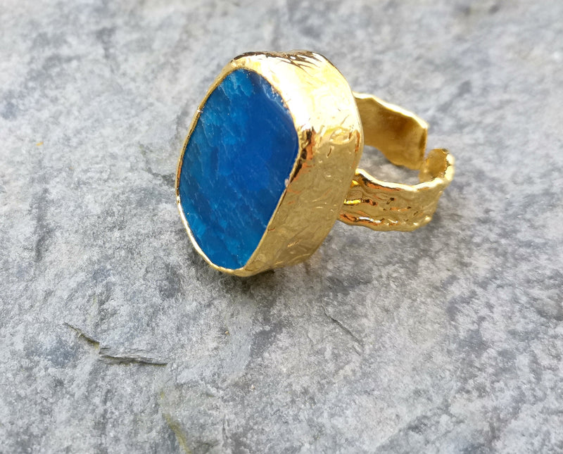 Ring with Blue Agate Gemstone Gold Plated Brass Adjustable SR207