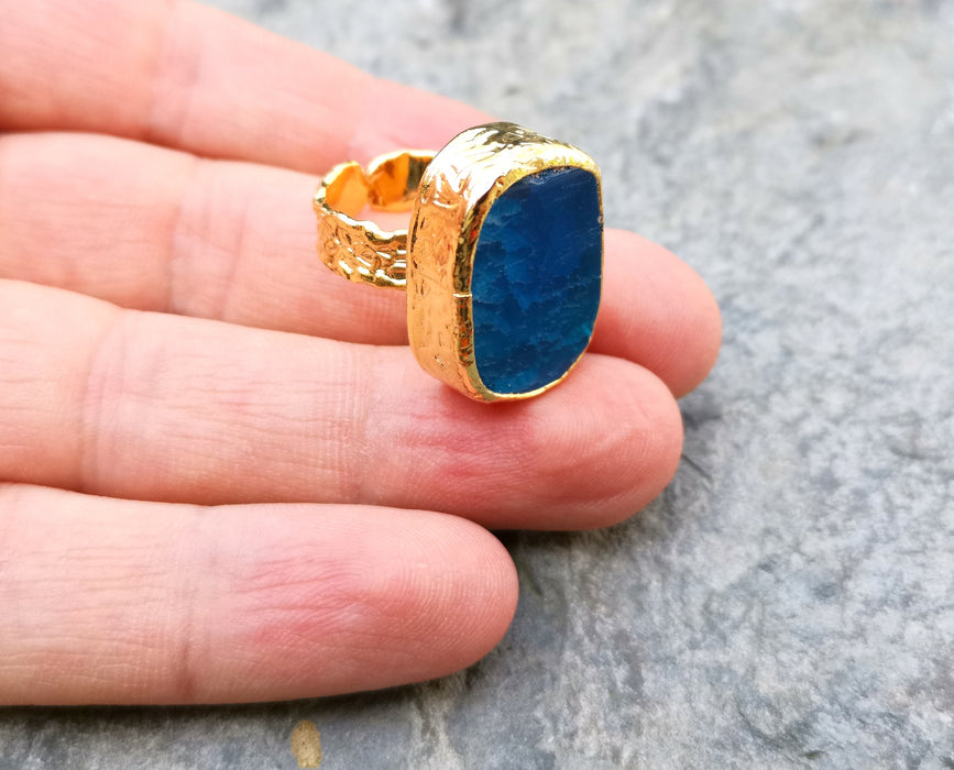 Ring with Blue Agate Gemstone Gold Plated Brass Adjustable SR207