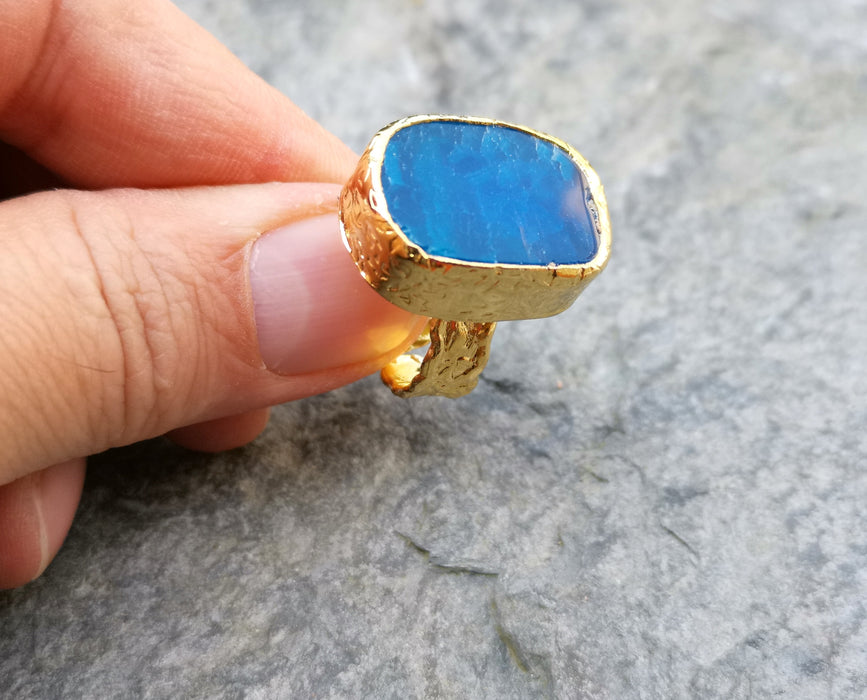 Ring with Blue Agate Gemstone Gold Plated Brass Adjustable SR207