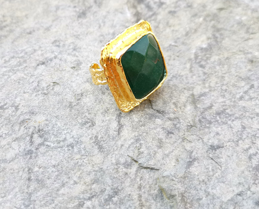 Ring with Green Stone Gold Plated Brass Adjustable SR210