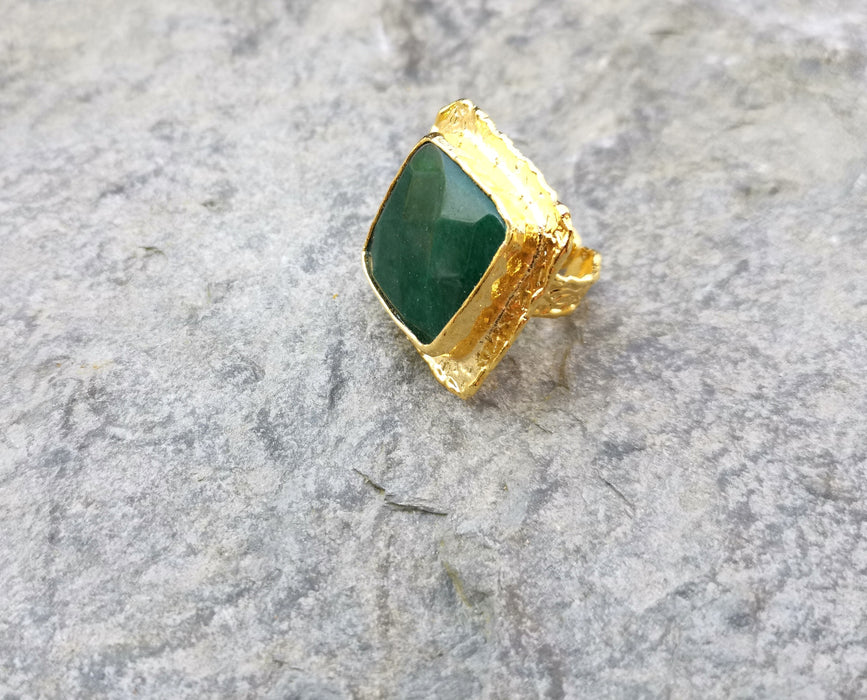 Ring with Green Stone Gold Plated Brass Adjustable SR210