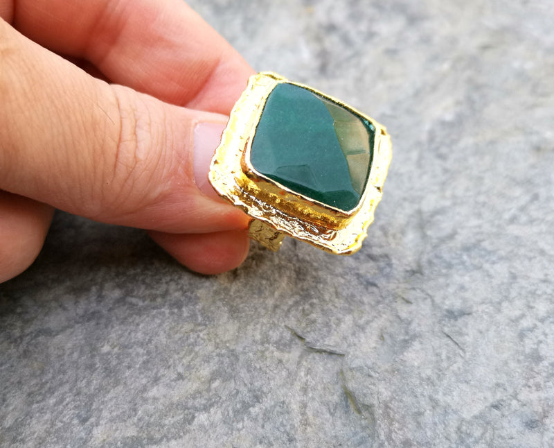 Ring with Green Stone Gold Plated Brass Adjustable SR210