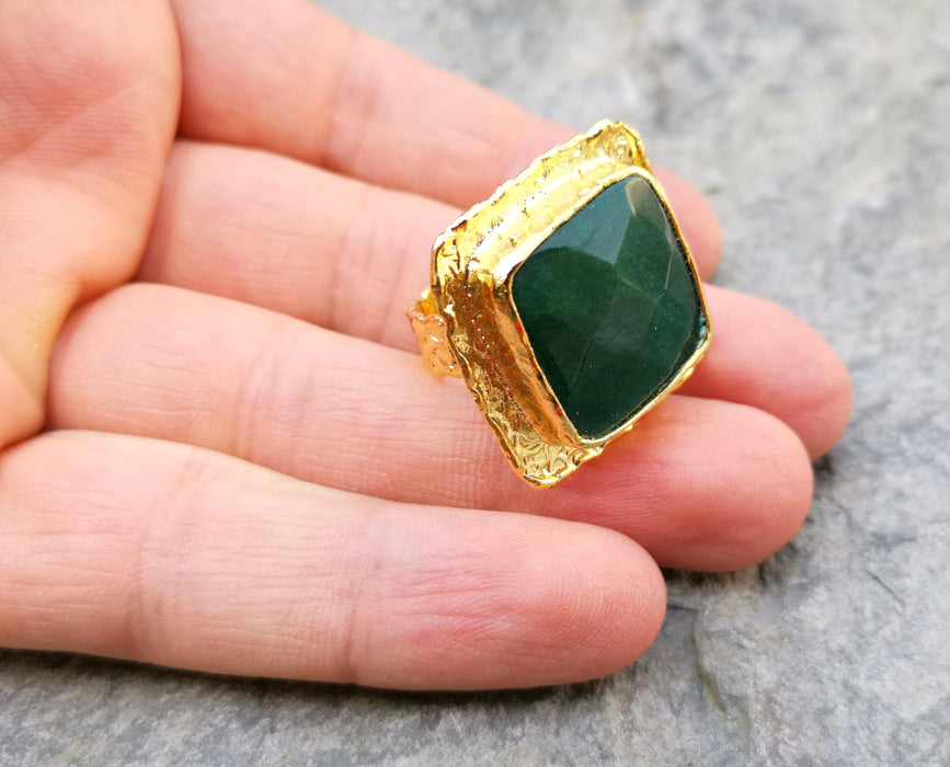 Ring with Green Stone Gold Plated Brass Adjustable SR210