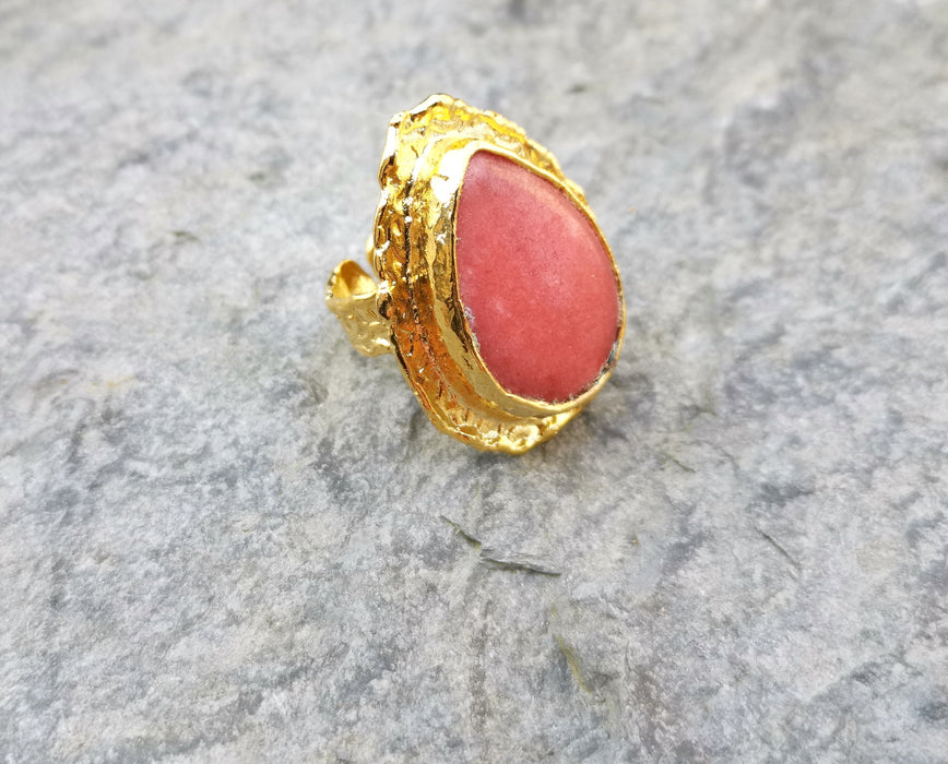 Ring with Pink Stone Gold Plated Brass Adjustable SR211