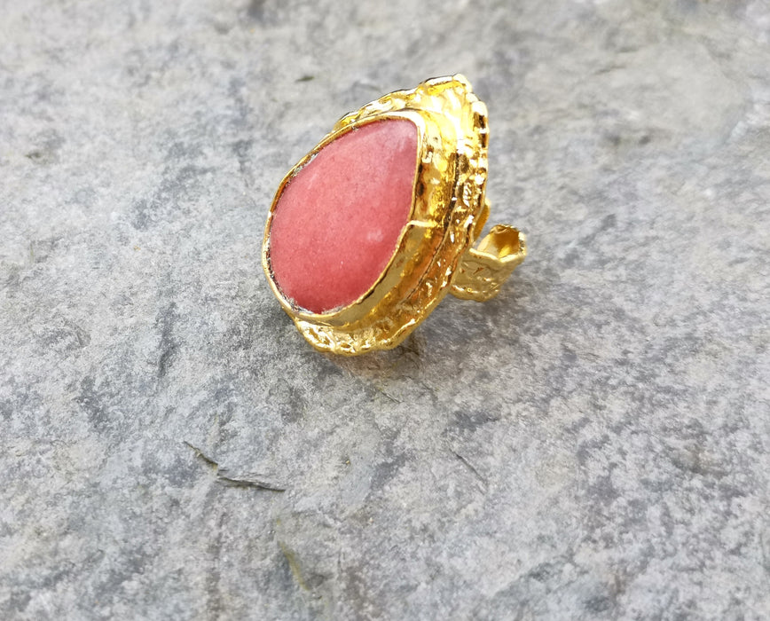 Ring with Pink Stone Gold Plated Brass Adjustable SR211