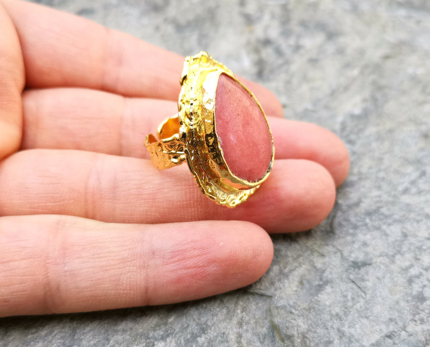 Ring with Pink Stone Gold Plated Brass Adjustable SR211