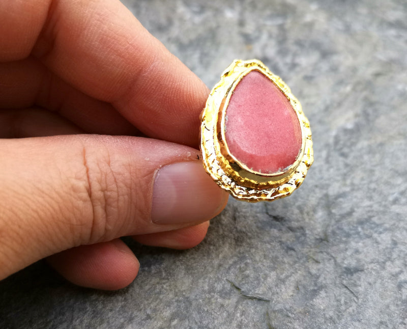 Ring with Pink Stone Gold Plated Brass Adjustable SR211