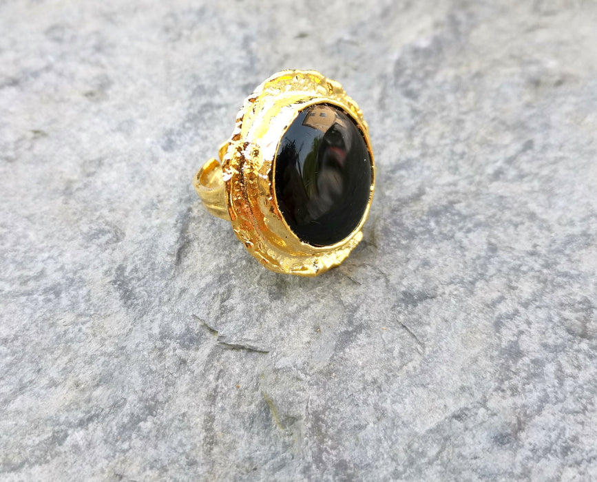 Ring with Black Stone Gold Plated Brass Adjustable SR213