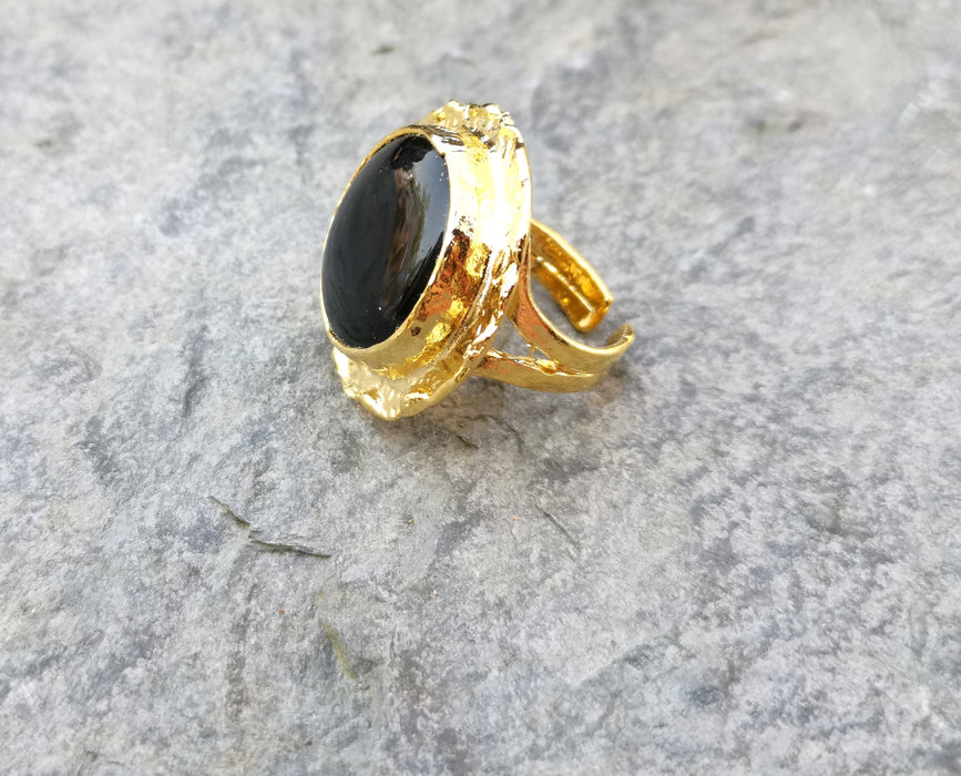 Ring with Black Stone Gold Plated Brass Adjustable SR213