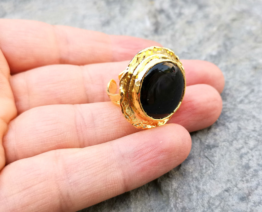 Ring with Black Stone Gold Plated Brass Adjustable SR213