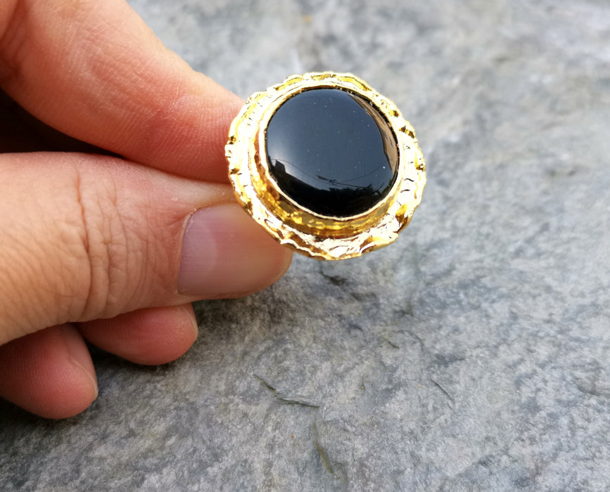 Ring with Black Stone Gold Plated Brass Adjustable SR213