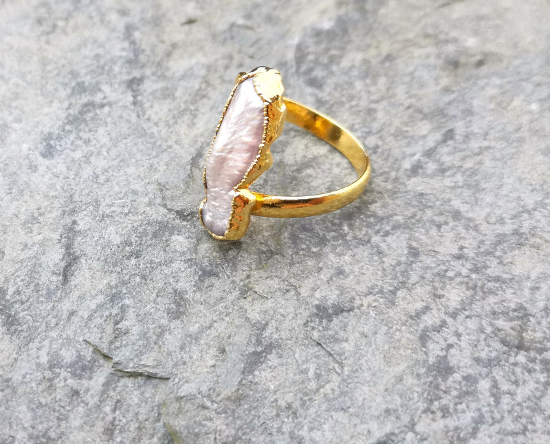 Ring with Real Pearl Gold Plated Brass Adjustable SR214