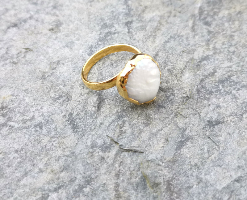 Ring with Real Pearl Gold Plated Brass Adjustable SR215