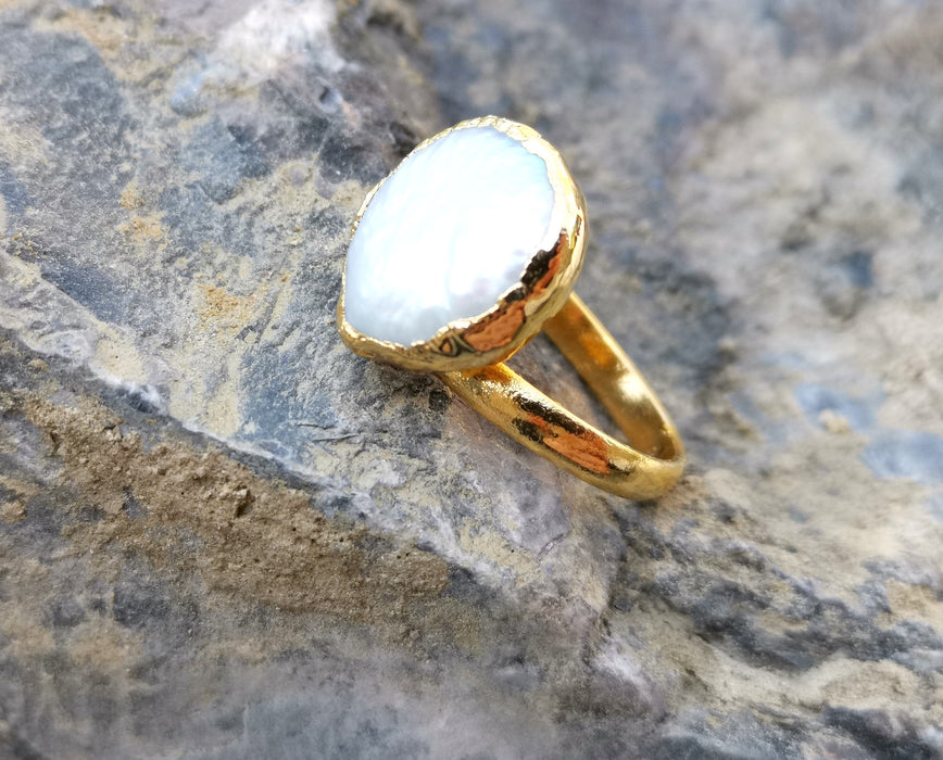 Ring with Real Pearl Gold Plated Brass Adjustable SR215