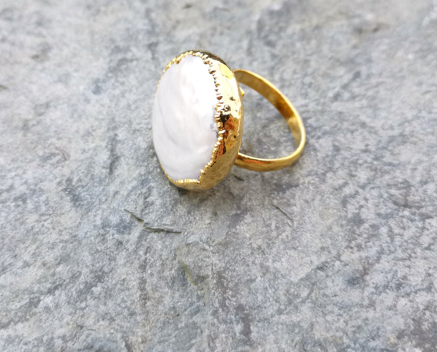 Ring with Real Pearl Gold Plated Brass Adjustable SR217