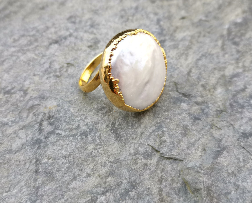 Ring with Real Pearl Gold Plated Brass Adjustable SR217