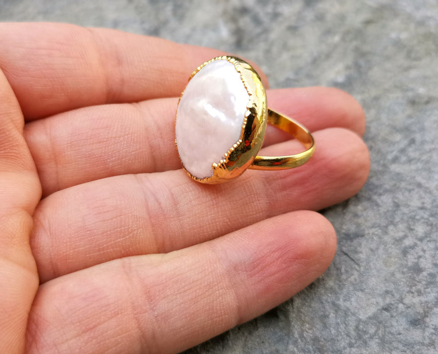 Ring with Real Pearl Gold Plated Brass Adjustable SR217