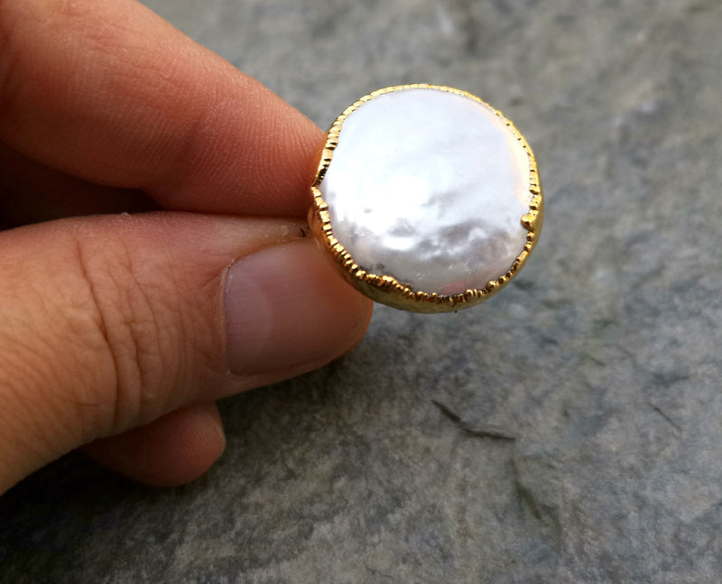 Ring with Real Pearl Gold Plated Brass Adjustable SR217