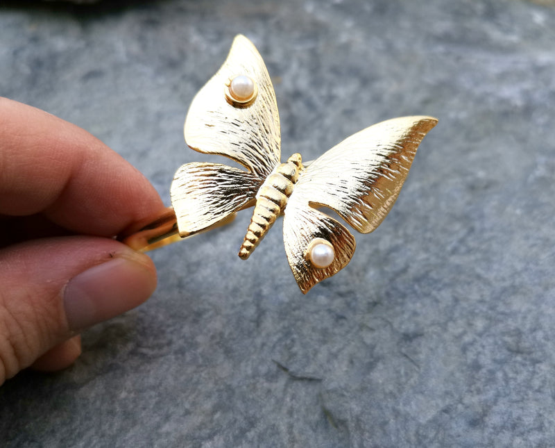 Butterfly Bracelet with Real Pearls Gold Plated Brass Adjustable SR218